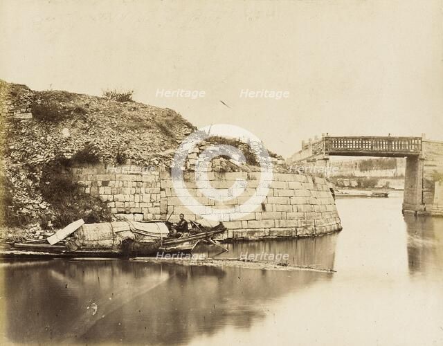 Walled River with Bridge and Houseboats, 1860. Creator: Felice Beato.