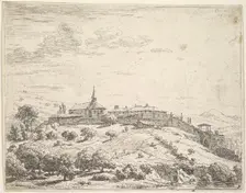 Walled village on a hill, with church at left and buildings constructed on the downslope a..., 1658. Creator: Karel Du Jardin