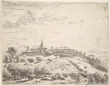 Walled village on a hill, with church at left and buildings constructed on the downslope a..., 1658. Creator: Karel Du Jardin
