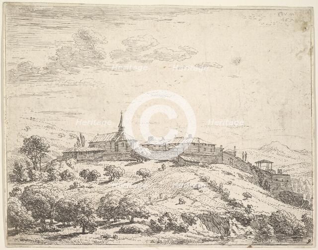 Walled village on a hill, with church at left and buildings constructed on the downslope a..., 1658. Creator: Karel Du Jardin.