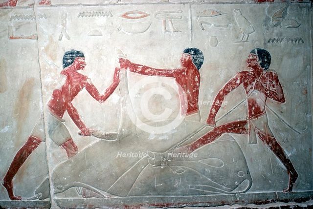 Wallpainting of 3 butchers cutting up a carcase, Tomb of Idut, 5th Dynasty, c2350 BC. Artist: Unknown