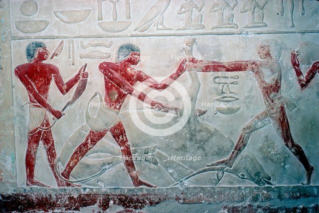 Wallpainting of 3 butchers cutting up a carcase, Tomb of Idut, 5th Dynasty, c2350 BC. Artist: Unknown