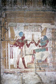 Wallpainting of Sethos I before Horus, Temple of Sethos I, Abydos, Egypt, 19th Dynasty, c1280 BC