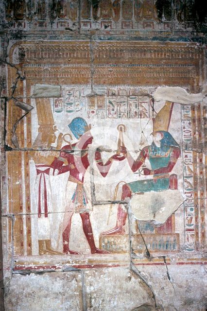 Wallpainting of Sethos I before Horus, Temple of Sethos I, Abydos, Egypt, 19th Dynasty, c1280 BC. Artist: Unknown