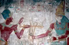 Wallpainting (detail) of Sethos I before Horus, Temple of Sethos I, Abydos, Egypt, c1280 BC
