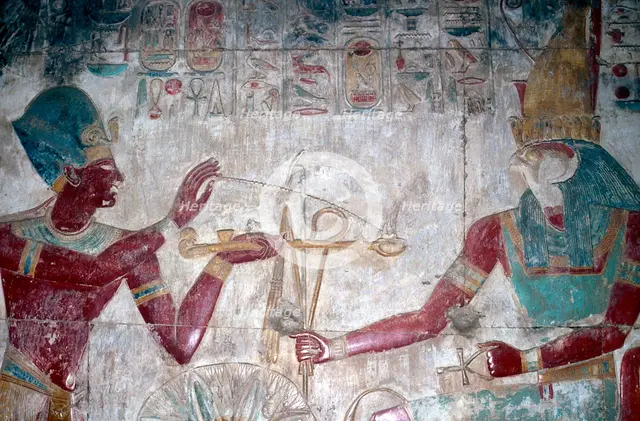 Wallpainting (detail) of Sethos I before Horus, Temple of Sethos I, Abydos, Egypt, c1280 BC. Artist: Unknown