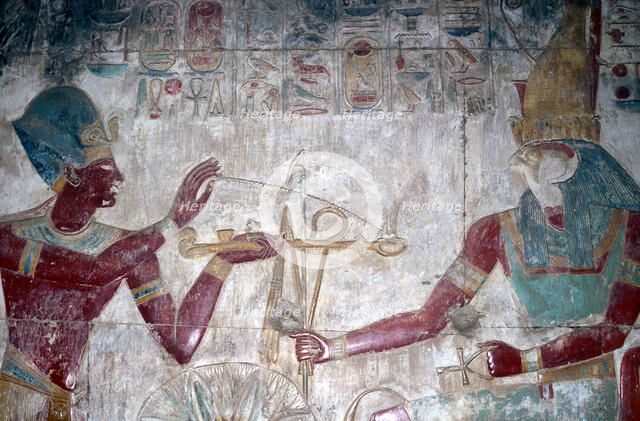 Wallpainting (detail) of Sethos I before Horus, Temple of Sethos I, Abydos, Egypt, c1280 BC. Artist: Unknown