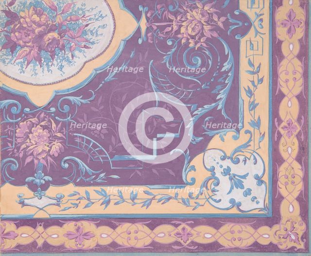 Wallpaper design featuring bouquets of roses, strapwork, and rinceaux, 1830-97. Creators: Jules-Edmond-Charles Lachaise, Eugène-Pierre Gourdet.