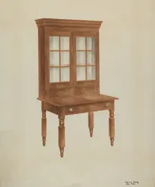 Walnut Desk and Bookcase, c. 1941. Creator: Harry King