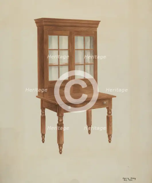 Walnut Desk and Bookcase, c. 1941. Creator: Harry King.