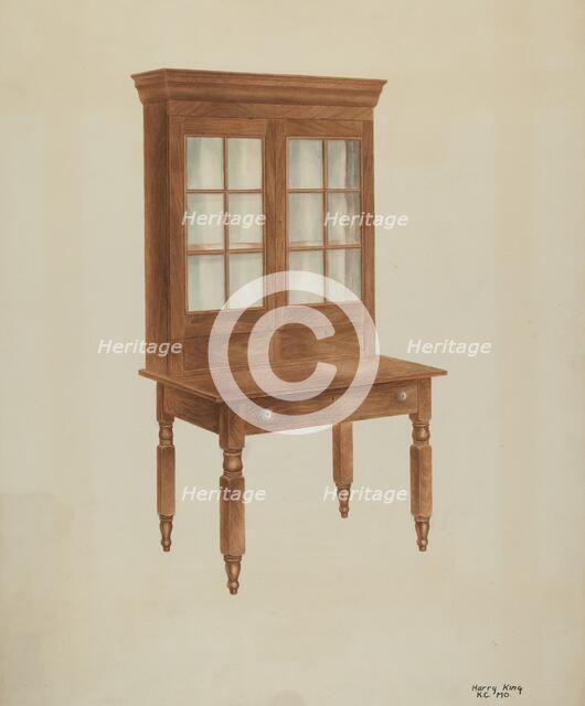 Walnut Desk and Bookcase, c. 1941. Creator: Harry King.
