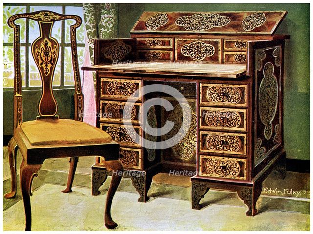 Walnut inlaid writing table, 1910.Artist: Edwin Foley