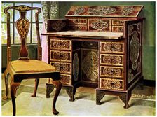 Walnut inlaid writing table, 1910.Artist: Edwin Foley