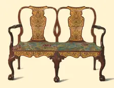 Walnut settee inlaid with marquetry, 1905. Artist: Shirley Slocombe