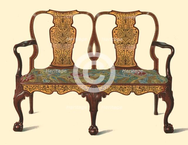 Walnut settee inlaid with marquetry, 1905. Artist: Shirley Slocombe.