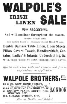 Walpole's Irish Linen Sale, 1909. Creator: Unknown