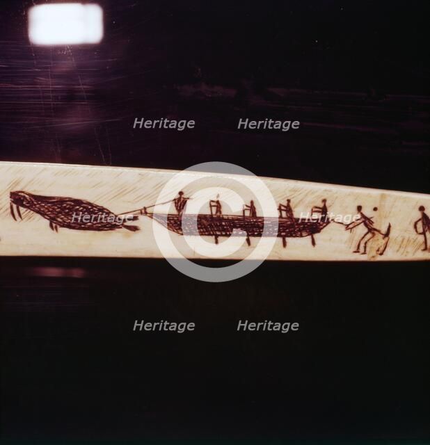 Walrus Hunt, detail of carving on Eskimo snow-knife, walrus ivory, 19th century. Artist: Unknown.