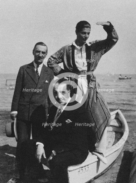 Walter Nouvel, Serge Diaghilev and Serge Lifar on the Lido in Venice, 1927.