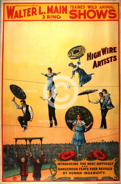 Walter L. Main 3 ring trained wild animal shows circus poster, c1890 - 1904. Creator: Riverside Print Co.