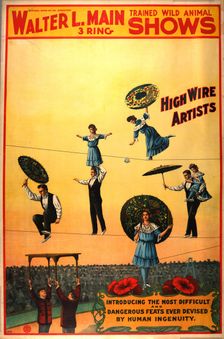 Walter L. Main 3 ring trained wild animal shows circus poster, c1890 - 1904. Creator: Riverside Print Co