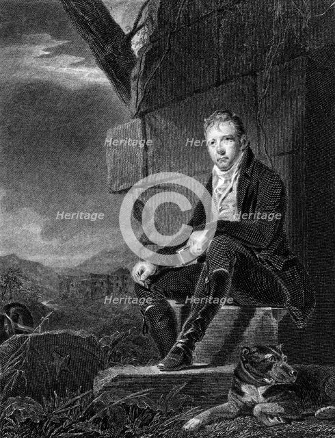 Walter Scott, Scottish poet and novelist, seated on a stone, accompanied by a dog, 1808. Artist: John Horsburgh