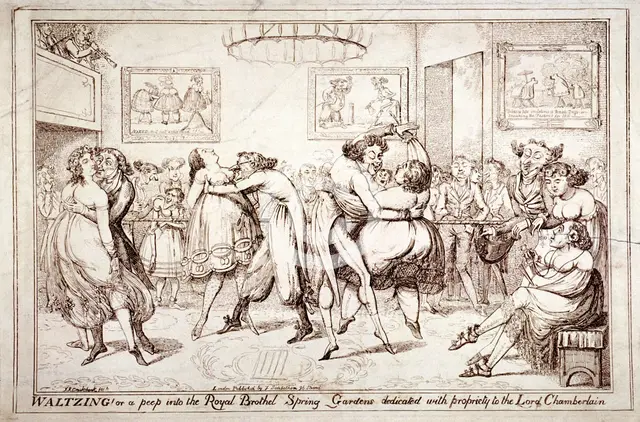 'Waltzing! Or a peep into the Royal Brothel, Spring Gardens', London, c1816.  Artist: Isaac Robert Cruikshank