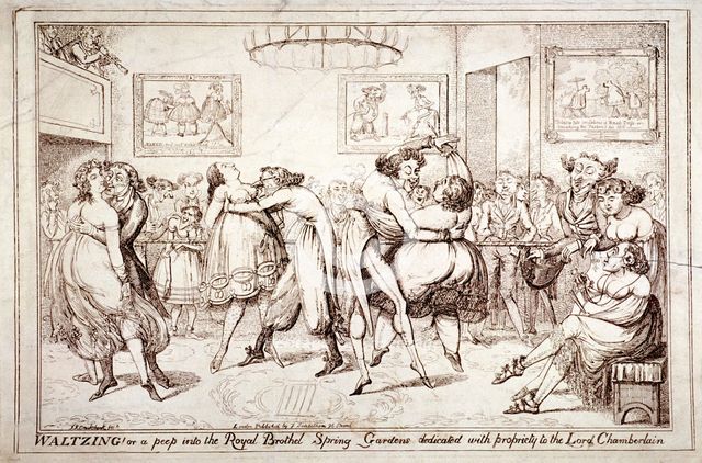 'Waltzing! Or a peep into the Royal Brothel, Spring Gardens', London, c1816.  Artist: Isaac Robert Cruikshank