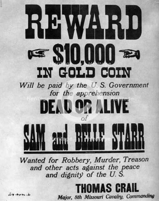 Wanted poster for the outlaws Sam and Belle Starr, c1880-1886 (1954). Artist: Unknown