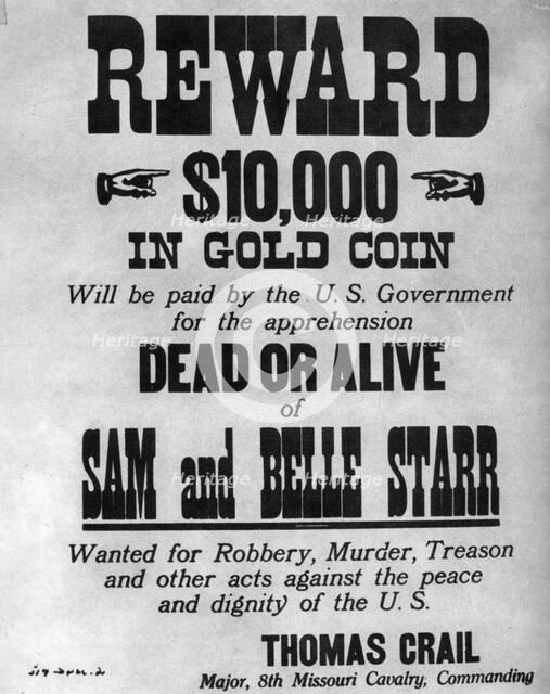 Wanted poster for the outlaws Sam and Belle Starr, c1880-1886 (1954). Artist: Unknown