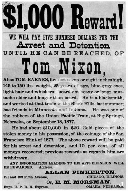 Wanted poster for the outlaw Tom Nixon, c1877 (1954). Artist: Unknown