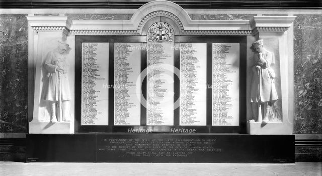 War memorial, City of London School for Boys, Victoria Embankment, City of London, 1919. Artist: H Bedford Lemere