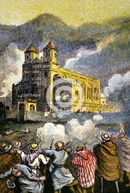 War of Morocco, 1921, heroic defense of the town of Nador from the church, drawing from the time.