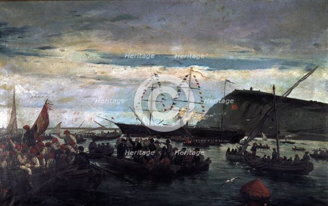 War of Cuba, boarding at the port of Barcelona of the Catalan volunteers to Cuba in 1870.