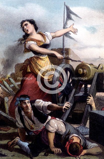 War of the Independence, siege of Zaragoza, Augustine of Aragon firing the cannon at Portillo in …