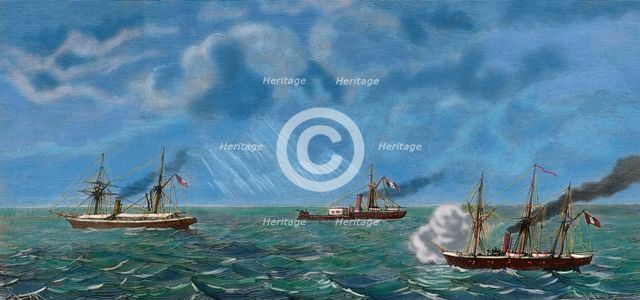 War of the Pacific (1879-1883); Chilean transporter Rimac by the Peruvian ironclad Huascar..., 1879. Creator: Unknown.