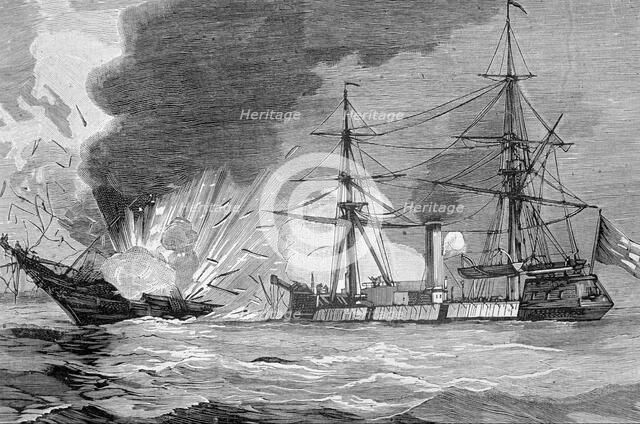 War Chile - Bolivia, naval battle of Iquique, between the Chilean corvette Esmeralda and the Moni…