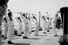 War game drill on USS Seattle, between c1910 and c1915. Creator: Bain News Service