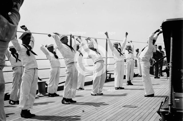 War game drill on USS Seattle, between c1910 and c1915. Creator: Bain News Service.