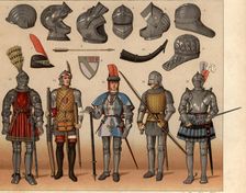 War helmets, helmets, jousts, armors and various weapons