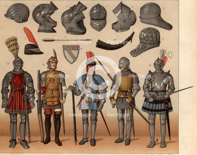 War helmets, helmets, jousts, armors and various weapons.