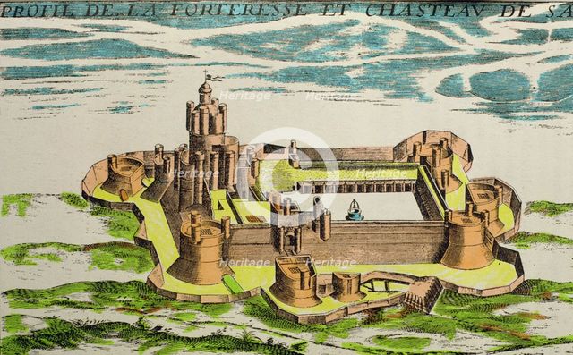 War in Roussillon (1635 - 1639), view of the fortress and the castle of Salses (France), accordin…