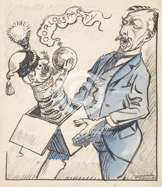 War party jumps out of a Jack in the Box, 1920-1930. Creator: Patrick Kroon.