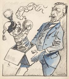 War party jumps out of a Jack in the Box, 1920-1930. Creator: Patrick Kroon