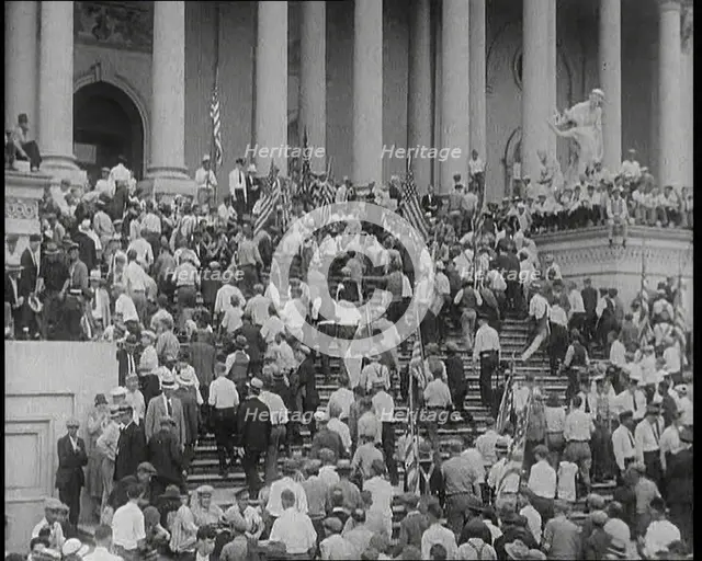 War Veterans  Seeking Payment of a Promised Bonus (The Bonus Army) Rushing up the Steps of..., 1932. Creator: British Pathe Ltd.