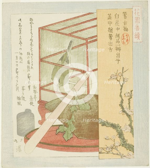 Warbler in a cage, from the series "A Series for the Hanazono Group (Hanazono bantsuzuki)", 1823. Creator: Totoya Hokkei.