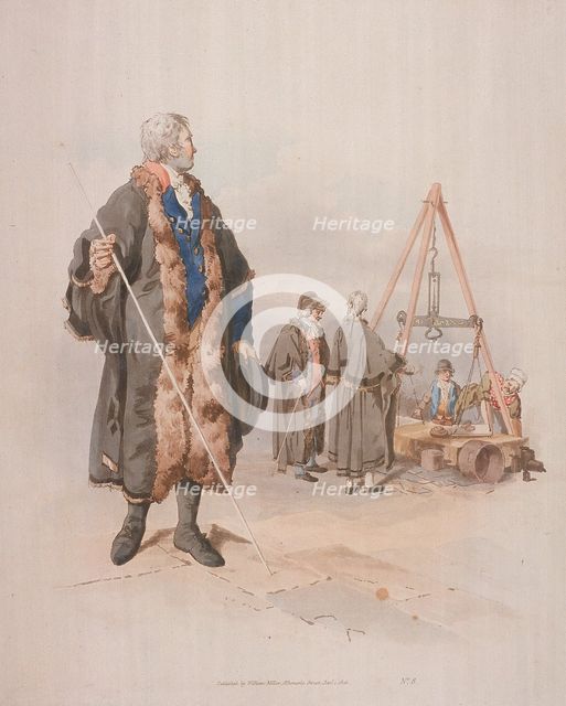 Ward Beadle in civic costume, holding a staff, at a Wardmote Inquest, 1805. Artist: William Henry Pyne