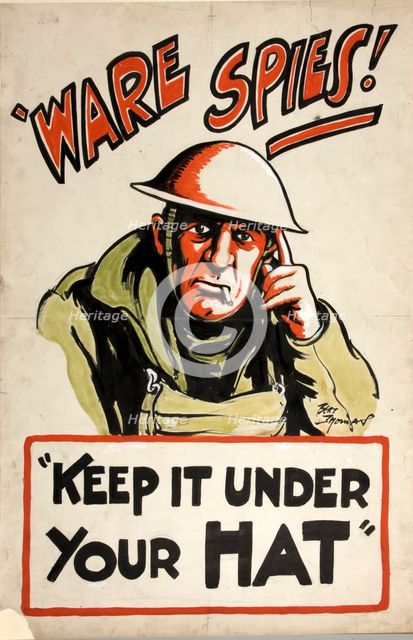 'Ware spies! Keep it under your hat', World War II poster, 1939-1946. Creators: Central Office of Information, Bert Thomas.