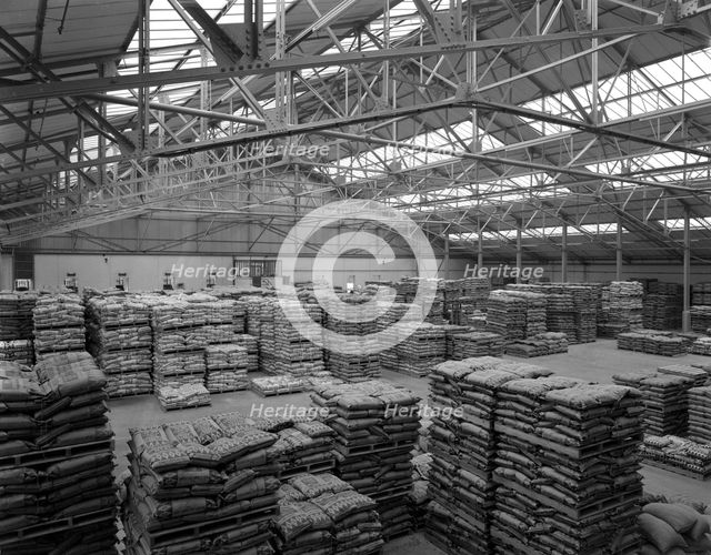 Warehouse at Spillers Animal Foods, Gainsborough, Lincolnshire, 1961. Creator: Michael Walters.