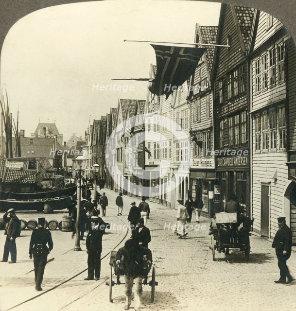'Warehouses along the quay in  old town Bergen, for centuries the great fish mart of Norway', c1905. Creator: Unknown.