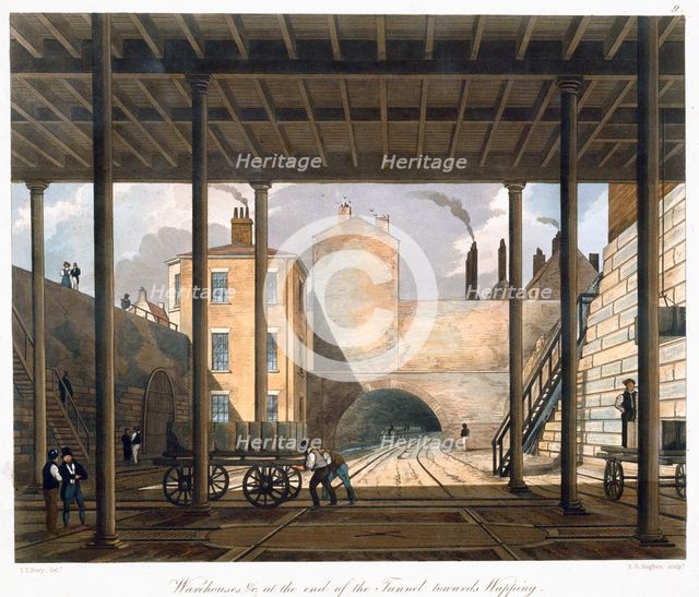'Warehouses etc at the end of the Tunnel towards Wapping', Liverpool, 1832-1833. Creator: SG Hughes.